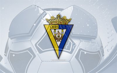 カディス cf の光沢のあるロゴ, 4k, 青いサッカーの背景, ラ・リーガ, サッカー, スペインのサッカークラブ, カディス cf 3d ロゴ, カディスcfのエンブレム, カディスfc, フットボール, スポーツのロゴ, カディスcfのロゴ, カディスcf