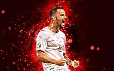 4k, Haris Seferovic, red neon lights, Switzerland National Team, soccer, footballers, red abstract background, Swiss football team, Haris Seferovic 4K