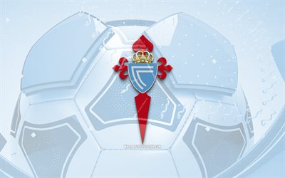 Celta Vigo glossy logo, 4K, blue football background, LaLiga, soccer, spanish football club, Celta Vigo 3D logo, Celta Vigo emblem, Celta Vigo FC, football, La Liga, sports logo, Celta Vigo logo, RC Celta
