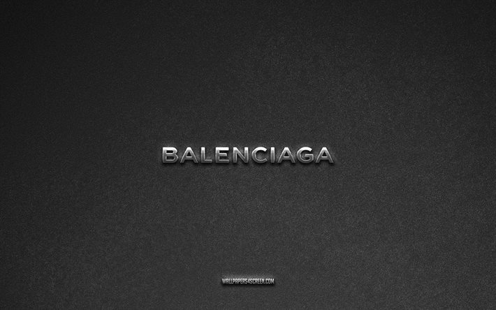 logo balenciaga, marche, sfondo di pietra grigia, stemma balenciaga, loghi popolari, balenciaga, segni di metallo, logo balenciaga in metallo, trama di pietra