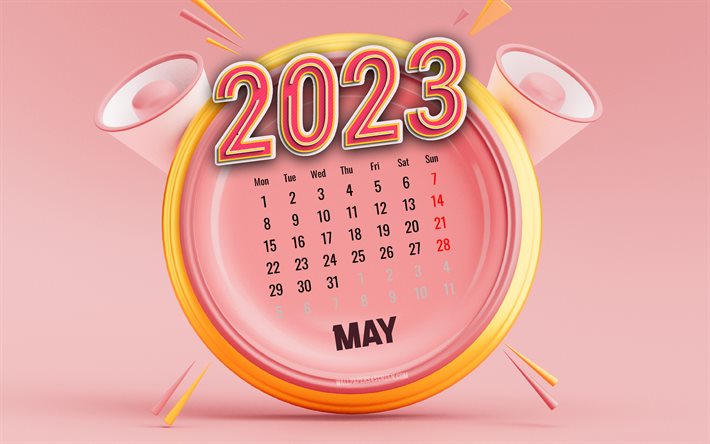 maj 2023 kalender, 4k, rosa bakgrunder, vårens kalendrar, majkalender 2023, 2023 koncept, rosa 3d klocka, 2023 kalendrar, maj