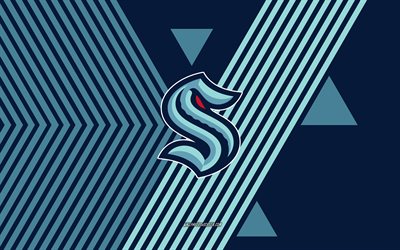 logo du kraken de seattle, 4k, équipe américaine de hockey, fond de lignes bleu sarcelle, kraken de seattle, lnh, etats unis, dessin au trait, emblème de seattle kraken, le hockey