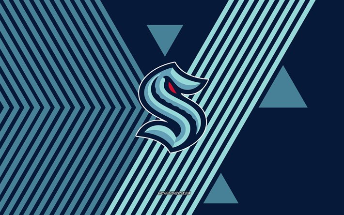 logo du kraken de seattle, 4k, équipe américaine de hockey, fond de lignes bleu sarcelle, kraken de seattle, lnh, etats unis, dessin au trait, emblème de seattle kraken, le hockey