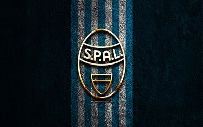 Spal golden logo, 4k, blue stone background, Serie B, Italian football club, Spal logo, soccer, Spal emblem, Spal, football, Spal FC