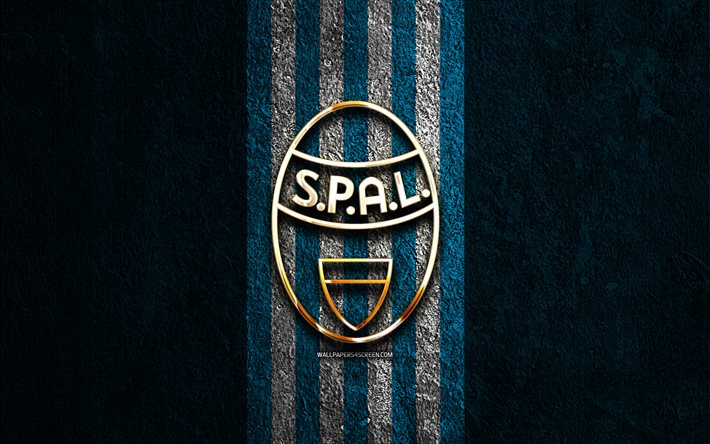 logo dorato della spal, 4k, sfondo di pietra blu, serie b, squadra di calcio italiana, il logo della spal, calcio, stemma della spal, spal