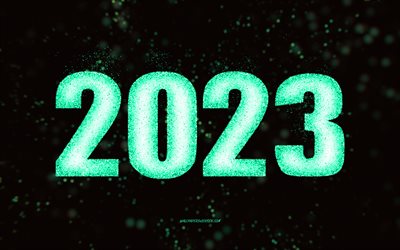 새해 복 많이 받으세요 2023, 청록색 반짝이 예술, 2023 청록색 반짝이 배경, 2023년 컨셉, 2023 새해 복 많이 받으세요, 검정색 배경