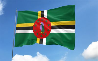 Dominica flag on flagpole, 4K, North American countries, blue sky, flag of Dominica, wavy satin flags, Dominican flag, Dominican national symbols, flagpole with flags, Day of Dominica, North America, Dominica flag, Dominica