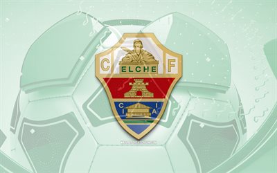 Elche CF glossy logo, 4K, green football background, LaLiga, soccer, spanish football club, Elche CF 3D logo, Elche CF emblem, Elche FC, football, La Liga, sports logo, Elche CF logo, Elche CF