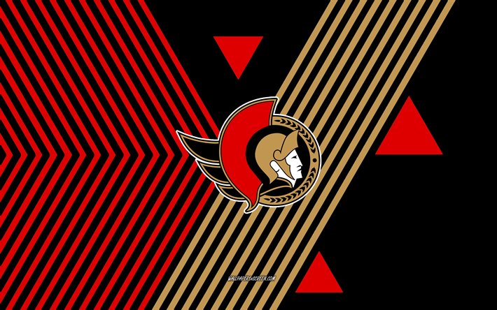 شعار أوتاوا سيناتورز, 4k, فريق الهوكي الكندي, أحمر أسود الخطوط الخلفية, أوتاوا سيناتورز, nhl, الولايات المتحدة الأمريكية, فن الخط, الهوكي