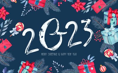 2023 Happy New Year, 4k, white calligraphic digits, 3D art, 2023 concepts, artwork, 2023 3D digits, xmas decorations, Happy New Year 2023, creative, 2023 year, 2023 blue background