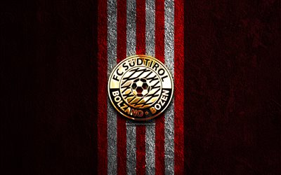 logo dorato dell'fc sudtirol, 4k, sfondo di pietra rossa, serie b, squadra di calcio italiana, logo dell'fc südtirol, calcio, stemma dell'fc südtirol, fc südtirol, südtirol fc