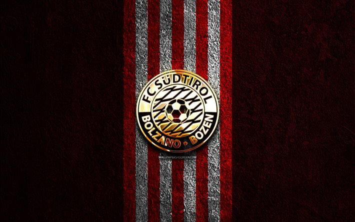 fc sudtirol 황금 로고, 4k, 붉은 돌 배경, 세리에 b, 이탈리아 축구 클럽, fc 수디롤 로고, 축구, fc 수티롤 엠블럼, fc 수티롤, 수디롤 fc