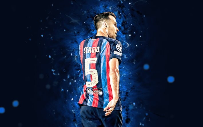 4k, Sergio Busquets, back view, FC Barcelona, blue neon lights, soccer, spanish footballers, Sergio Busquets 4K, Barca, blue abstract background, football, Sergio Busquets Barcelona, FCB