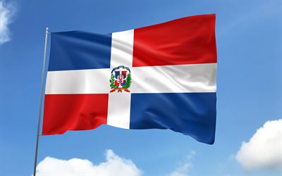 drapeau de la république dominicaine sur mât, 4k, pays d'amérique du nord, ciel bleu, drapeau de la république dominicaine, drapeaux de satin ondulés, symboles nationaux de la république dominicaine, mât avec des drapeaux, république dominicaine