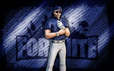 Bogey Basher Fortnite, 4k, blue diagonal background, grunge art, Fortnite, artwork, Bogey Basher Skin, Fortnite characters, Bogey Basher, Fortnite Bogey Basher Skin