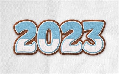 feliz año nuevo 2023, luces de tela azul, 2023 conceptos, 4k, 2023 feliz año nuevo, arte de neón, creativo, 2023 fondo gris, 2023 año, 2023 dígitos de tela