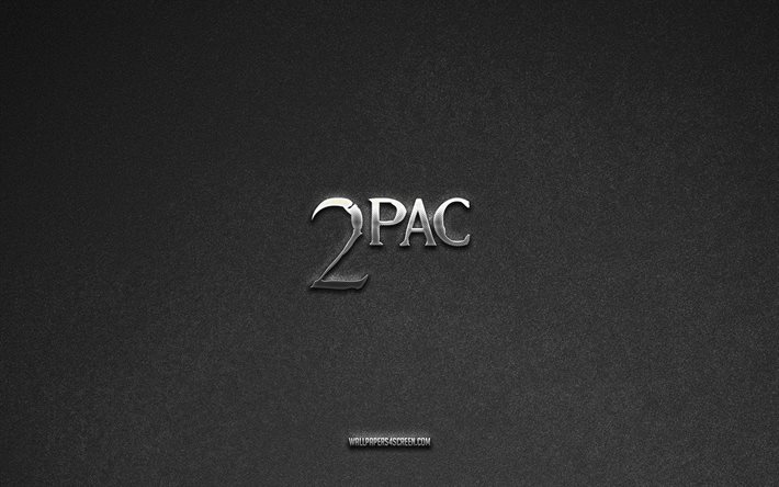 2pac logo, music brands, gray stone background, 2pac emblem, popular logos, 2pac, metal signs, 2pac metal logo, stone texture