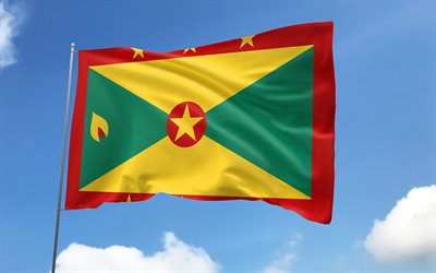Grenada flag on flagpole, 4K, North American countries, blue sky, flag of Grenada, wavy satin flags, Grenada flag, Grenada national symbols, flagpole with flags, Day of Grenada, North America, Grenada