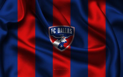 4k, logo du fc dallas, tissu de soie rouge bleu, équipe de football américaine, emblème du fc dallas, mls, fc dallas, etats unis, football, drapeau du fc dallas