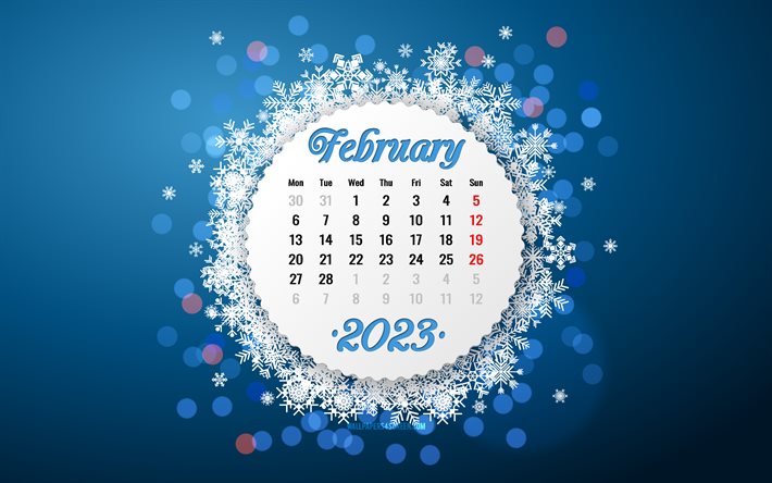 4k, calendario febrero 2023, insignia de círculo blanco, calendarios 2023, febrero, calendarios de invierno, copos de nieve abstractos, plantilla de invierno, calendario de febrero de 2023