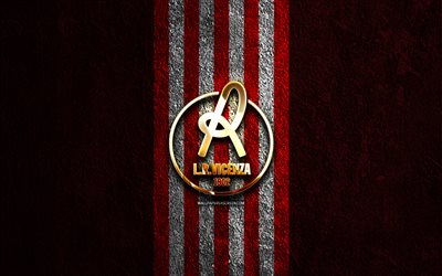 lr ヴィチェンツァの金色のロゴ, 4k, 赤い石の背景, セリエb, イタリアのサッカークラブ, lrヴィチェンツァのロゴ, サッカー, lr ヴィチェンツァのエンブレム, lr ヴィチェンツァ, フットボール, ヴィチェンツァ fc