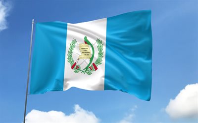Guatemala flag on flagpole, 4K, North American countries, blue sky, flag of Guatemala, wavy satin flags, Guatemalan flag, Guatemalan national symbols, flagpole with flags, Day of Guatemala, North America, Guatemala flag, Guatemala