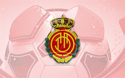 RCD Mallorca glossy logo, 4K, red football background, LaLiga, soccer, spanish football club, RCD Mallorca 3D logo, RCD Mallorca emblem, RCD Mallorca, football, La Liga, sports logo, RCD Mallorca logo, Mallorca FC