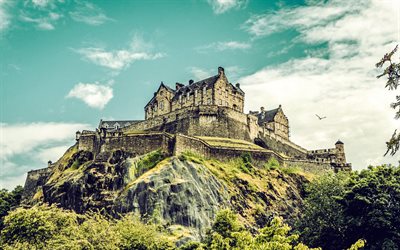 에든버러 성, 4k, 캐슬 락, 에든버러, 스코틀랜드, 아름다운 성, 프린스 스트리트 정원, 스코틀랜드의 성, 경계표, 고대 성
