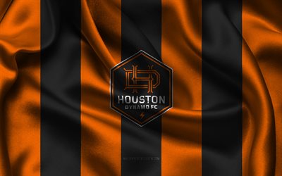 4k, logo houston dinamo fc, tessuto di seta nero arancione, squadra di calcio americana, emblema dell'houston dynamo fc, mls, houston dinamo fc, stati uniti d'america, calcio, bandiera dell'houston dynamo fc