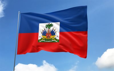 旗竿にハイチの旗, 4k, 北米諸国, 青空, ハイチの旗, 波状のサテンの旗, ハイチの国のシンボル, フラグ付きの旗竿, ハイチの日, 北米, ハイチ