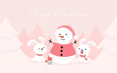 Merry Christmas 2023, Pink Christmas background, 2023 Happy New Year, rabbits, snowman with rabbits, 2023 concepts, 2023 background with rabbits
