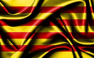 カタルーニャの旗, 4k, スペインのコミュニティ, 布旗, カタルーニャの日, 波状の絹の旗, スペイン, カタロニア