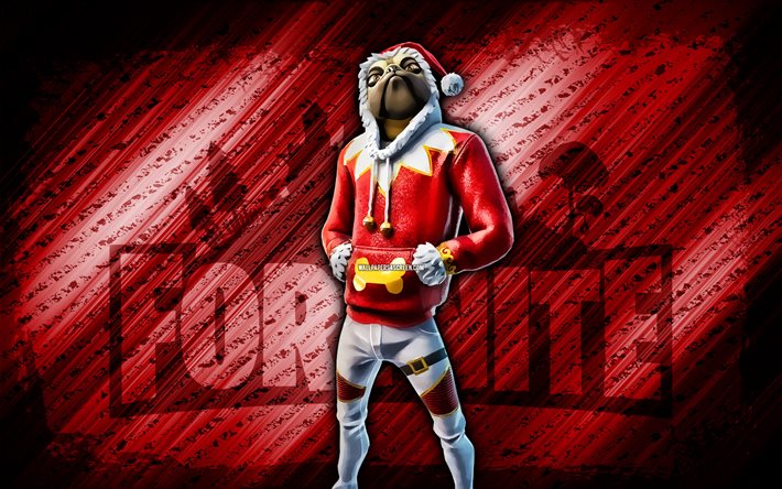 Christmas Doggo Fortnite, 4k, red diagonal background, grunge art, Fortnite, artwork, Christmas Doggo Skin, Fortnite characters, Christmas Doggo, Fortnite Christmas Doggo Skin
