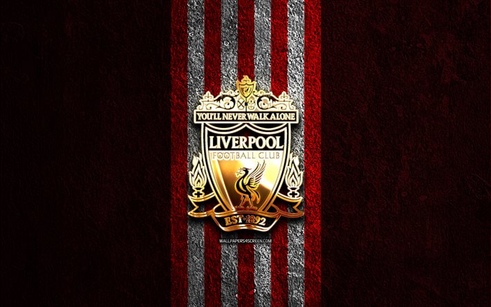 Liverpool FC golden logo, 4k, red stone background, Premier League, english football club, Liverpool FC logo, soccer, Liverpool FC emblem, Liverpool FC, football, LFC, Liverpool