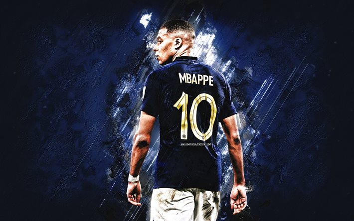 kylian mbappe, ranskan jalkapallomaajoukkue, ranskalainen jalkapalloilija, hyökkääjä, qatar 2022, sininen kivi tausta, grunge taidetta, ranska, jalkapallo