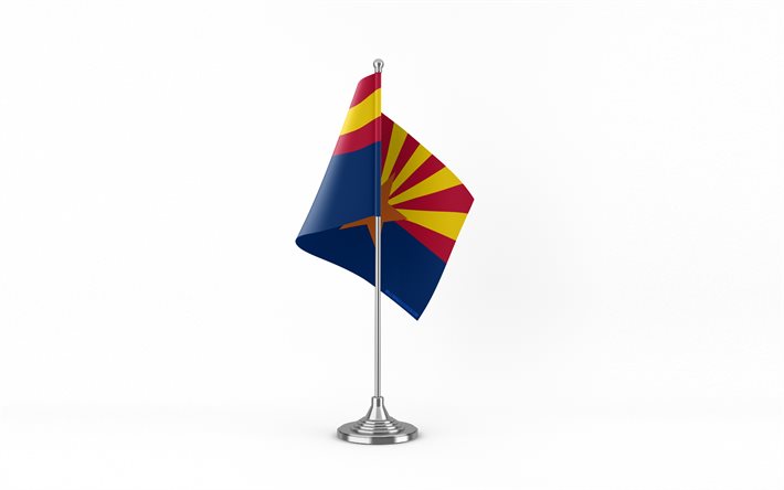 4k, bandera de mesa de arizona, fondo blanco, bandera de arizona, bandera de arizona en metal stick, banderas de los estados americanos, arizona, eeuu