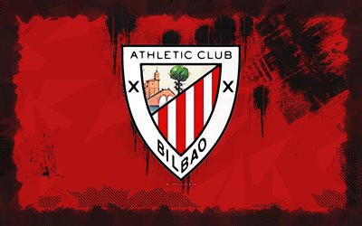 Athletic Bilbao grunge logo, 4k, LaLiga, red grunge background, soccer, Athletic Bilbao emblem, football, Athletic Bilbao logo, Athletic Bilbao, spanish football club, Athletic Bilbao FC