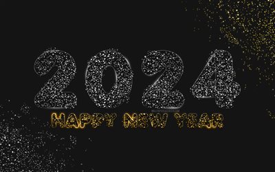 2024 gott nytt år, 4k, konstverk, 2024 år, glitter abstrakta siffror, 2024 begrepp, kreativ, 2024 glittersiffror, 2024 svart bakgrund, gott nytt år 2024