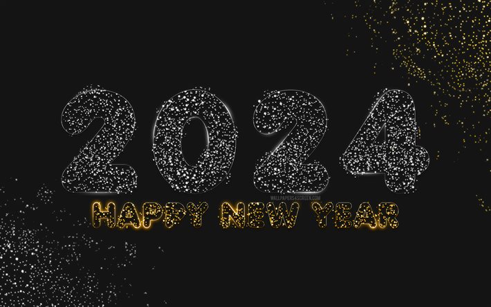 2024年明けましておめでとうございます, 4k, アートワーク, 2024年, グリッター抽象桁, 2024概念, クリエイティブ, 2024グリッターディジット, 2024黒い背景, 明けましておめでとう2024