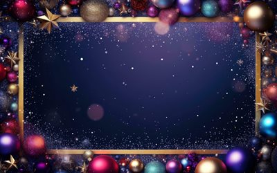 christmas frames, 4k, 3D christmas balls, Happy New Year, xmas decorations, Merry Christmas, stars, christmas decorations, xmas frames