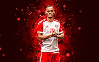Leroy Sane, 4k, red neon lights, Bayern Munich FC, Bundesliga, german footballers, Leroy Sane 4k, soccer, red abstract background, Leroy Sane Bayern Munich