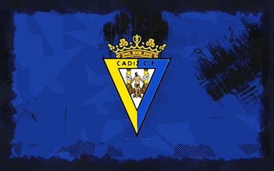 شعار cadiz cf grunge, 4k, لاليجا, خلفية الجرونج الأزرق, كرة القدم, شعار cadiz cf, cadiz cf, نادي كرة القدم الأسباني, قادس fc