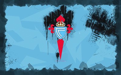 RC Celta grunge logo, 4k, LaLiga, blue grunge background, soccer, RC Celta emblem, football, RC Celta logo, RC Celta, spanish football club, Celta FC, Celta Vigo