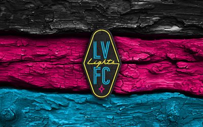 Las Vegas Lights wooden logo, 4k, black purple blue wooden background, USL, soccer, Las Vegas Lights logo, football, Las Vegas Lights emblem, Las Vegas Lights, USL Championship, american soccer club, Las Vegas Lights FC