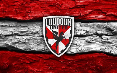 logo in legno di loudoun united, 4k, fondo di legno bianco rosso, usl, calcio, logo del loudoun united, stemma del loudoun united, loudoun united, campionato usl, squadra di calcio americana, loudoun united fc