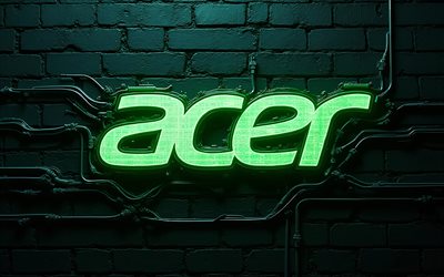grünes acer glitzerlogo, 4k, kreativ, grüner brickwall hintergrund, marken, acer neon logo, drähte, elektronik, acer logo, acer 3d logo, acer