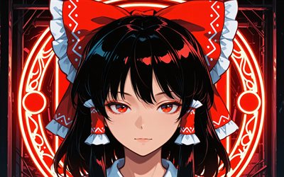 4k, reimu hakurei, retrato, anillos de neón rojos, touhou, protagonista, hakurei reimu, manga japonés, personajes de anime, proyecto touhou, personajes touhou, reimu hakurei touhou