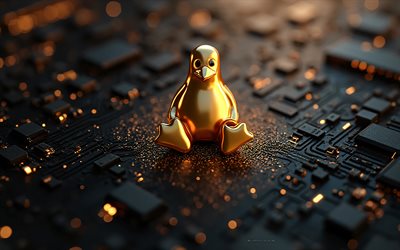 logotipo dorado de linux, 4k, fondo de tecnología negro, emblema de linux, logotipo 3d de linux, signo de oro de linux, pingüino dorado de linux, placa base negra, pingüino linux, signo de linux, logotipo de linux, linux