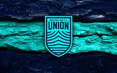 monterey bay fc puinen logo, 4k, sininen puinen tausta, usl, jalkapallo, monterey bay fc  logo, monterey bay fc  tunnus, monterey bay fc, usl mestaruus, amerikkalainen jalkapalloseura, monterey bay