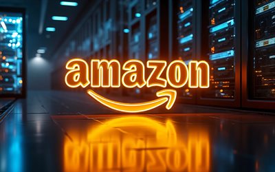 4k, logo néon jaune amazon, obscurité, commerce électronique, racks de centre de données, oeuvre d'art, logo amazone, bokeh, logo des marques, logo néon amazon, amazone, marques, logo jaune amazone